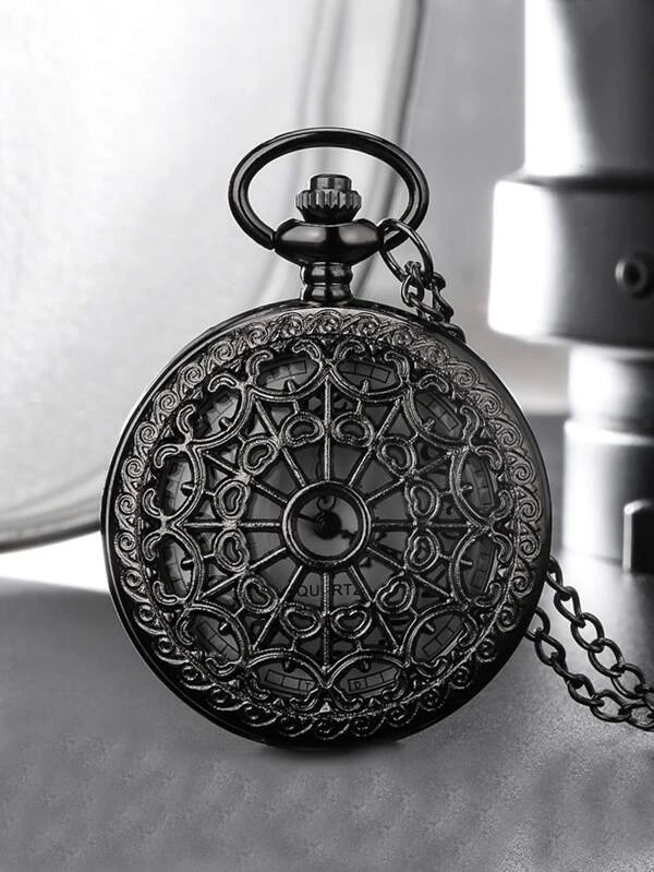 Men Heart Hollow Out Quartz  Pocket Watch Black