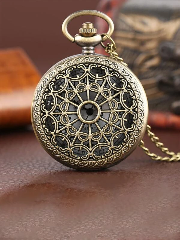 Men Hollow Out Heart Detail Vintage Quartz Pocket Watch White