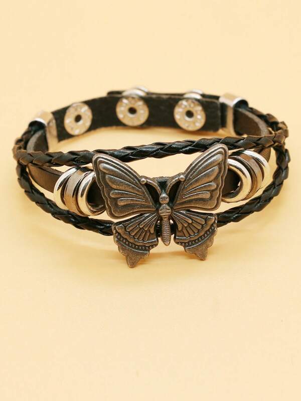 1pc Fashion New Retro PU Polyurethane Butterfly Detail Braided String Bracelet For Women For Daily Decoration Black