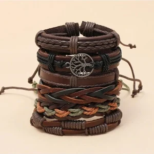 6 Vintage Hand-Woven Cowhide Bracelets Diy Peace Tree Combination 6-Piece Men's Jewelry European And American Accessories Wholesale Multicolor