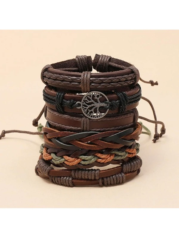 6 Vintage Hand-Woven Cowhide Bracelets Diy Peace Tree Combination 6-Piece Men's Jewelry European And American Accessories Wholesale Multicolor