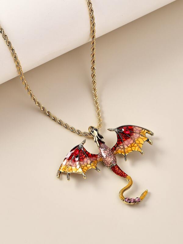 1pc Fashionable European And American Style Vintage Cartoon Dragon Shaped Glass Pendant Necklace With Oil Drip And Rhinestone Insets Multicolor