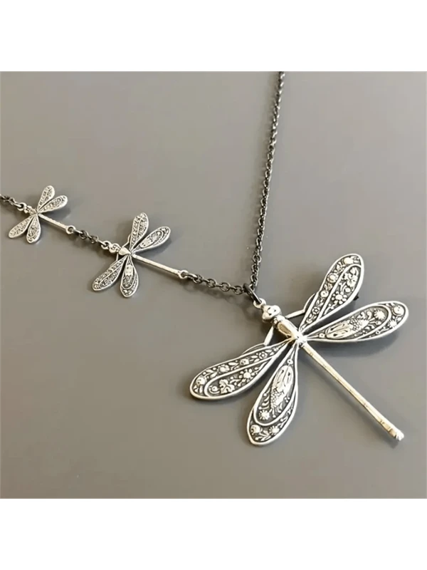 Bohemian Style Vintage Asymmetrical Dragonfly Pendant Necklace That Fits Women Silver