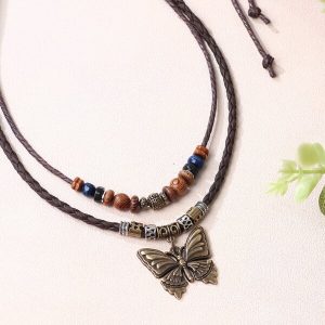 1pc Vintage Bohemian Butterfly & Wooden Beads & Pu Leather Women's Necklace Coffee Brown