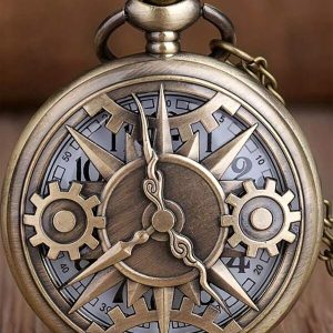 1pc Antique Steampunk Bronze Hollow Gear Movement Quartz Pocket Watch Pendant Gift With Chain Pocket White