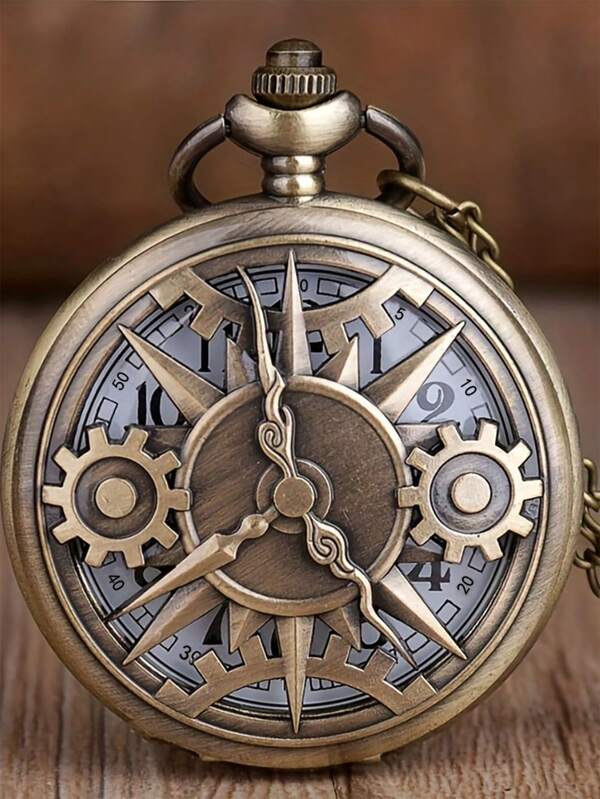 1pc Antique Steampunk Bronze Hollow Gear Movement Quartz Pocket Watch Pendant Gift With Chain Pocket White