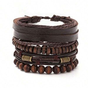 4pcs/set Retro Stylish Multilayer Wooden Beaded Men's Bracelet Coffee