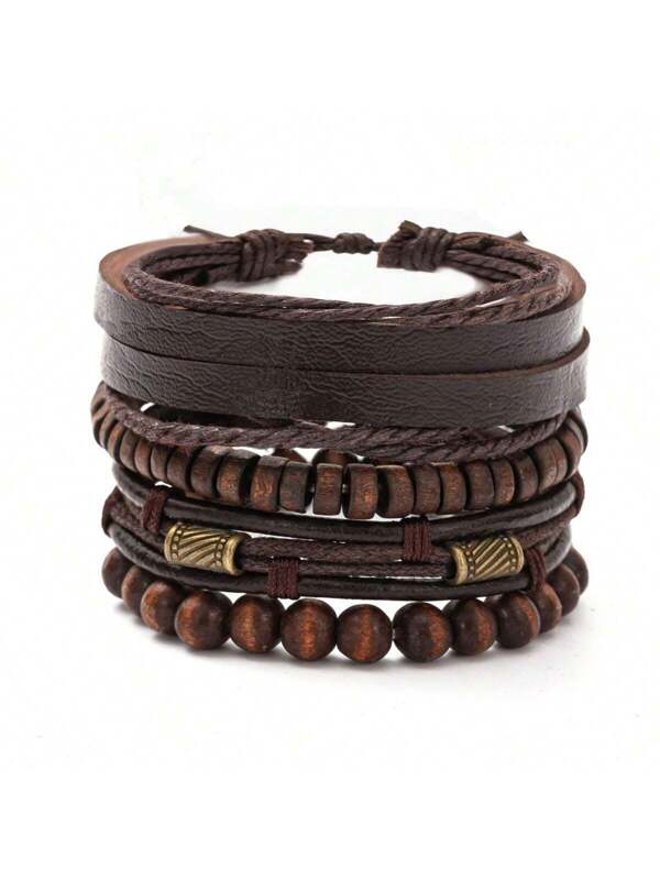 4pcs/set Retro Stylish Multilayer Wooden Beaded Men's Bracelet Coffee