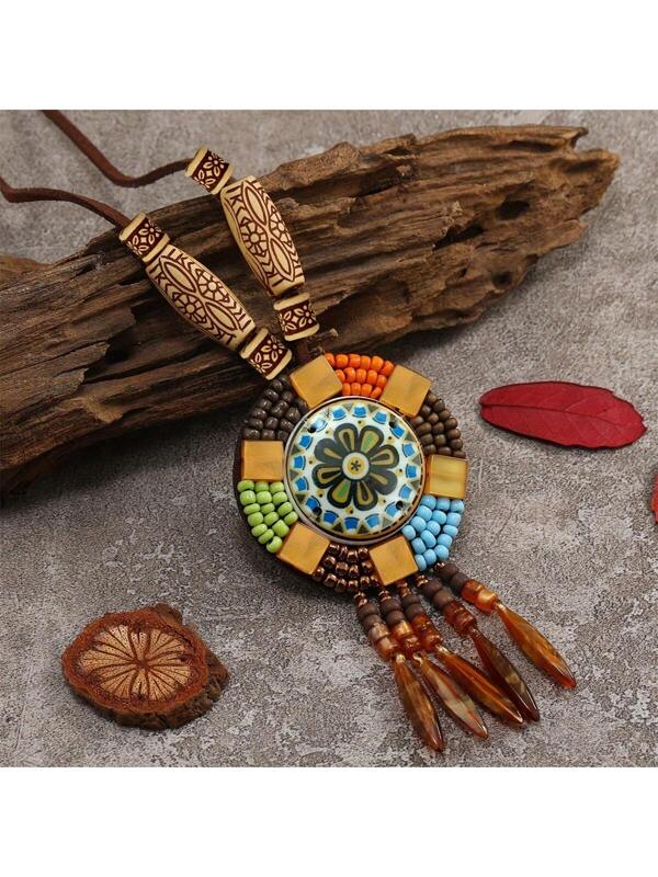 1pc Vintage Bohemian Style Resin Necklace Handmade Woven Jewelry Long Pendant For Fall/winter, Perfect Match With Sweaters And Wonderful Gift For Birthday & Holidays. Sunflower hand-woven necklace