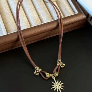 1pc Fashionable Vintage Double Layer Sunflower Pendant Necklace, Suitable For Ladies' Daily Wear Brown