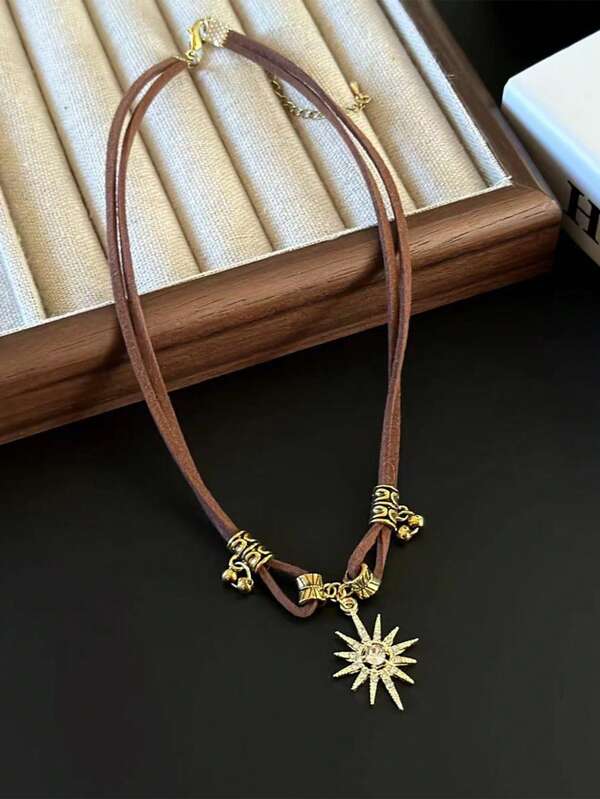 1pc Fashionable Vintage Double Layer Sunflower Pendant Necklace, Suitable For Ladies' Daily Wear Brown