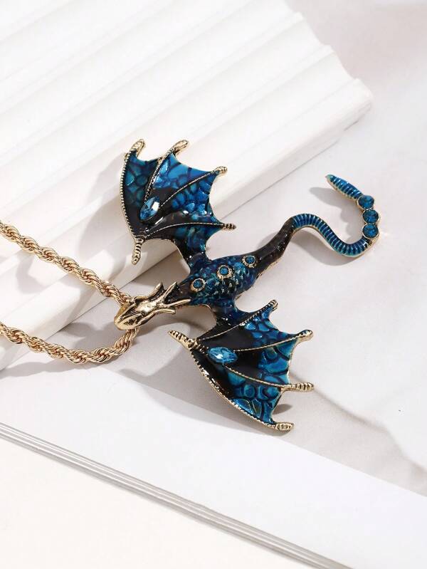 1pc Fashionable European & American Style, Vintage Cartoon Dragon Design, Gradient Color, Rhinestone, Glass, Women's Unique Pendant For Sweater Chain Blue