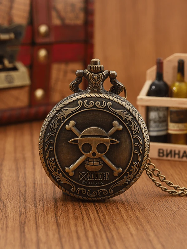 1PC Men's Pocket Watches Vintage Skull Pirate Pocket Watch Creative Hanging Chain Flip Watch Retro Round Quartz Watches Pendant,Ideal Choice For Gifts To Men Bronze