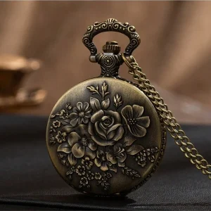 Large Vintage Antique Green Rose Petals Quartz Pocket Watch With Relief Pattern And Thin Chain Green Ancient Color