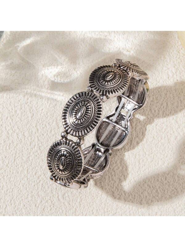 1pc Western Style Vintage Silver Elastic Bracelet For Women Silver Oval Bracelet