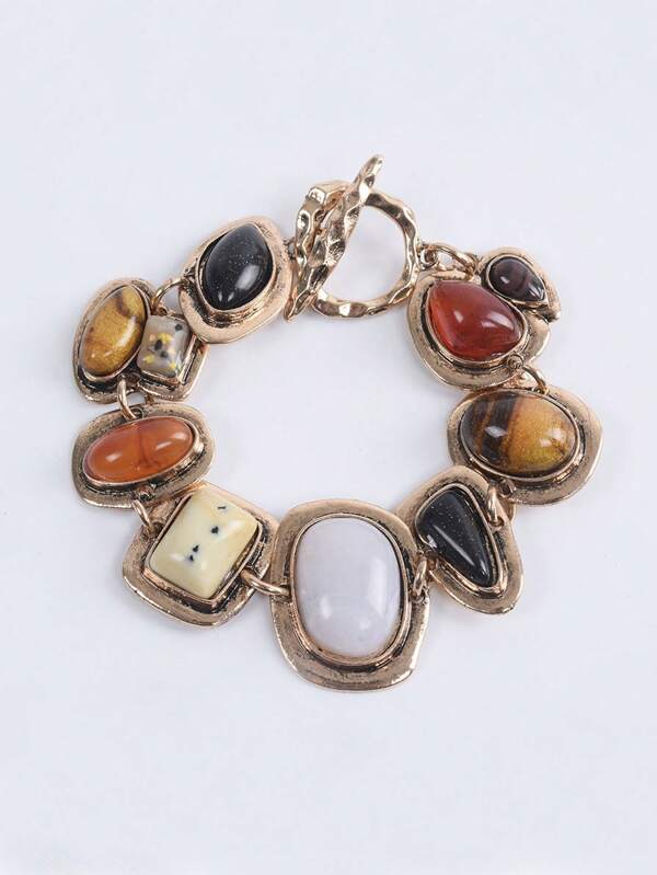 1Pc New ZA Bohemian  Vintage Bracelets Women Fashion Golden Metal Hollow Link Charm Resin  Statement Bracelets (Random Resin Color) Multicolor