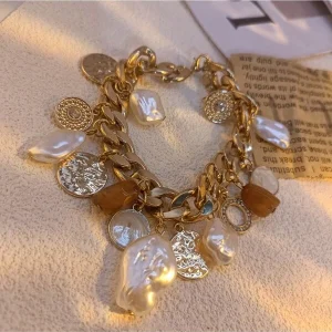 1pc Fashion Baroque Pearl Metal Vintage Mermaid Natural Stone & Gold Coin Design Beach Ocean Daily Gift Women's Chain Bracelet Gold