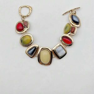 1pc European And American Retro Style Zinc Alloy Inlaid Multicolor Geometric Resin Gemstones Simple And High-End Vintage Bracelet, Suitable For Women, Casual And Vacation, Memorial Day Gift Multicolor