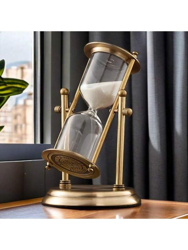 1pc Hourglass Timer With Rotating Crown Decor, Elegant Creative Glass Flowing Sand Timer Metal Small Gift White