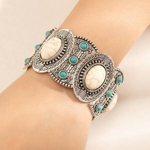 1pc Women's Vintage Bohemian Style Carved Texture Elastic Wire Bangle Bracelet With Turquoise, Zinc Alloy, Suitable For Daily, Party, Holiday Wear, Popular Item White+Blue