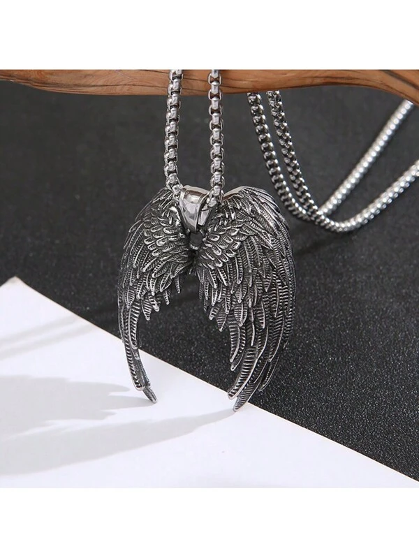 1pc Stainless Steel Retro Angel Wing Pendant Necklace For Women Wing