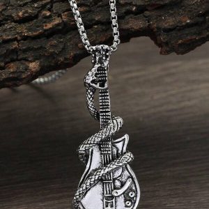 GuoShuang 1pc Punk Gothic Guitar Snake Pendant Necklace Retro Men's Rock Hip-hop Jewelry Antique Silver