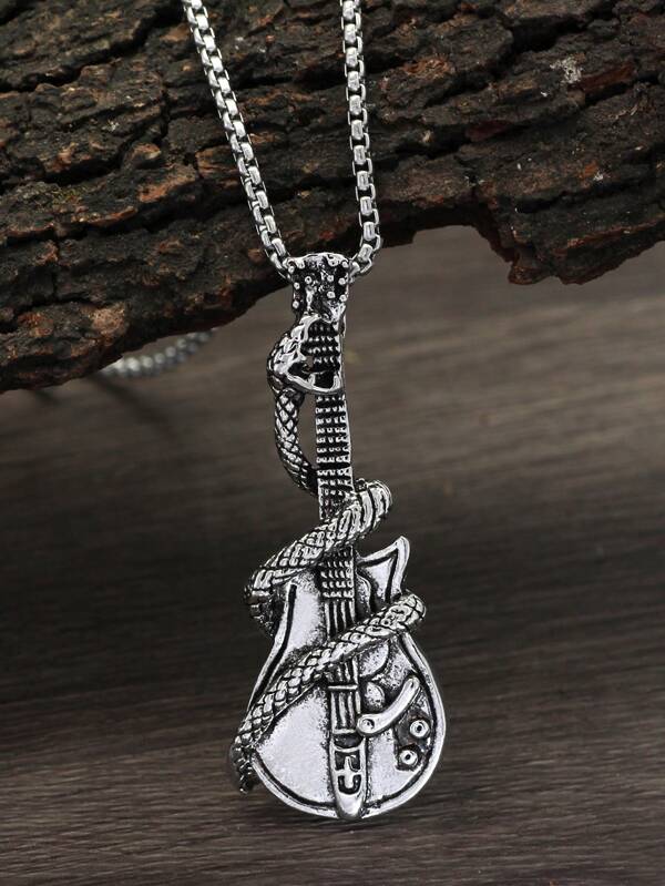 GuoShuang 1pc Punk Gothic Guitar Snake Pendant Necklace Retro Men's Rock Hip-hop Jewelry Antique Silver