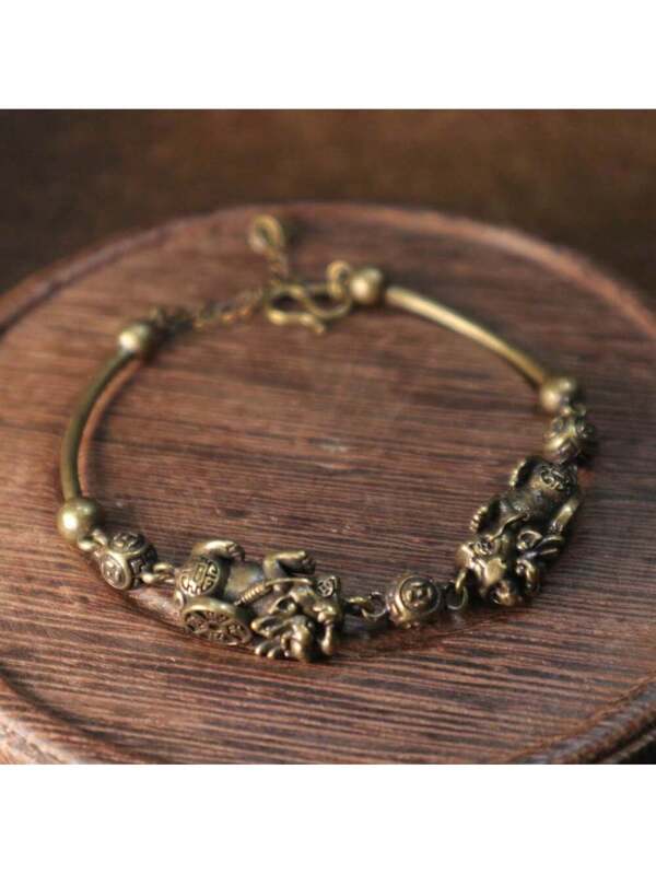 1pc Vintage Fashion Style Bracelet Brass Animal Bracelet Two Pixiu Bracelets Adjustable Unisex Couples Design Elegant And Classic Accessories Perfect Retro Gift For Him And Her Bronze