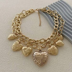 1pc Vintage Style Carved Heart Pendant Double-Layer Chunky Clavicle Chain Necklace Heart Pendant Necklace