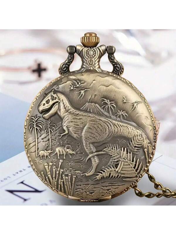 1pc Creative Retro Wild Animal Bronze Pocket Watch, Fashion Pendant Animal Quartz Clock With Necklac White